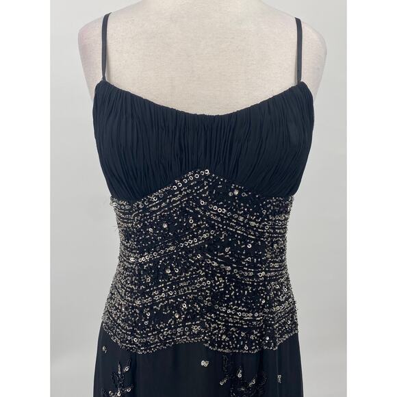 Vintage Y2k Bicici Silk Beaded Dress Empire Waist Pleated Silver Black Womens 10 - Picture 4 of 13